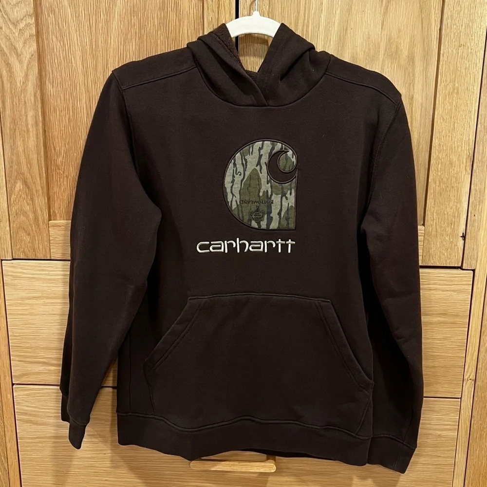 Carhartt Camo Logo Hooded Sweatshirt Brown Size Large 14/16 Outdoor